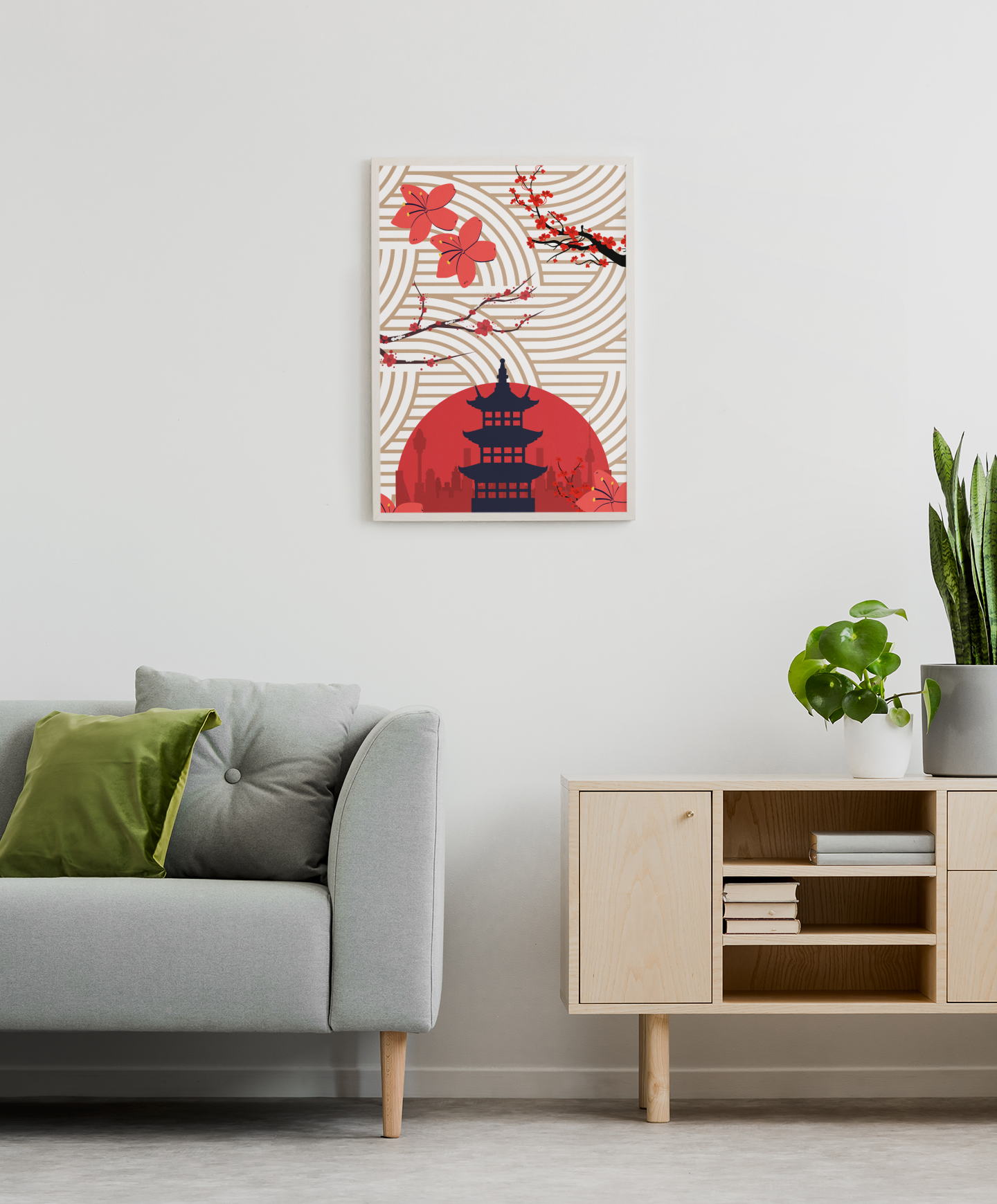 Asia Artprint – Pagodenpoesie in Kirschblüte (Weißer & Schwarzer Rahmen) | Artivio