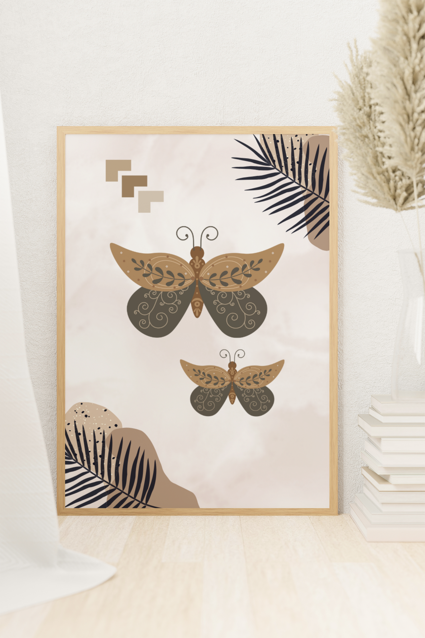 Boho Beauty – Schmetterlingszauber für deine Wand | Artprint mit Rahmen in Schwarz, Weiß oder Naturholz (2 Größen)