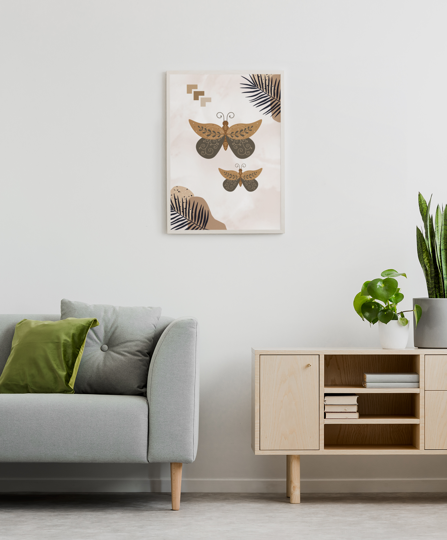 Boho Beauty – Schmetterlingszauber für deine Wand | Artprint mit Rahmen in Schwarz, Weiß oder Naturholz (2 Größen)