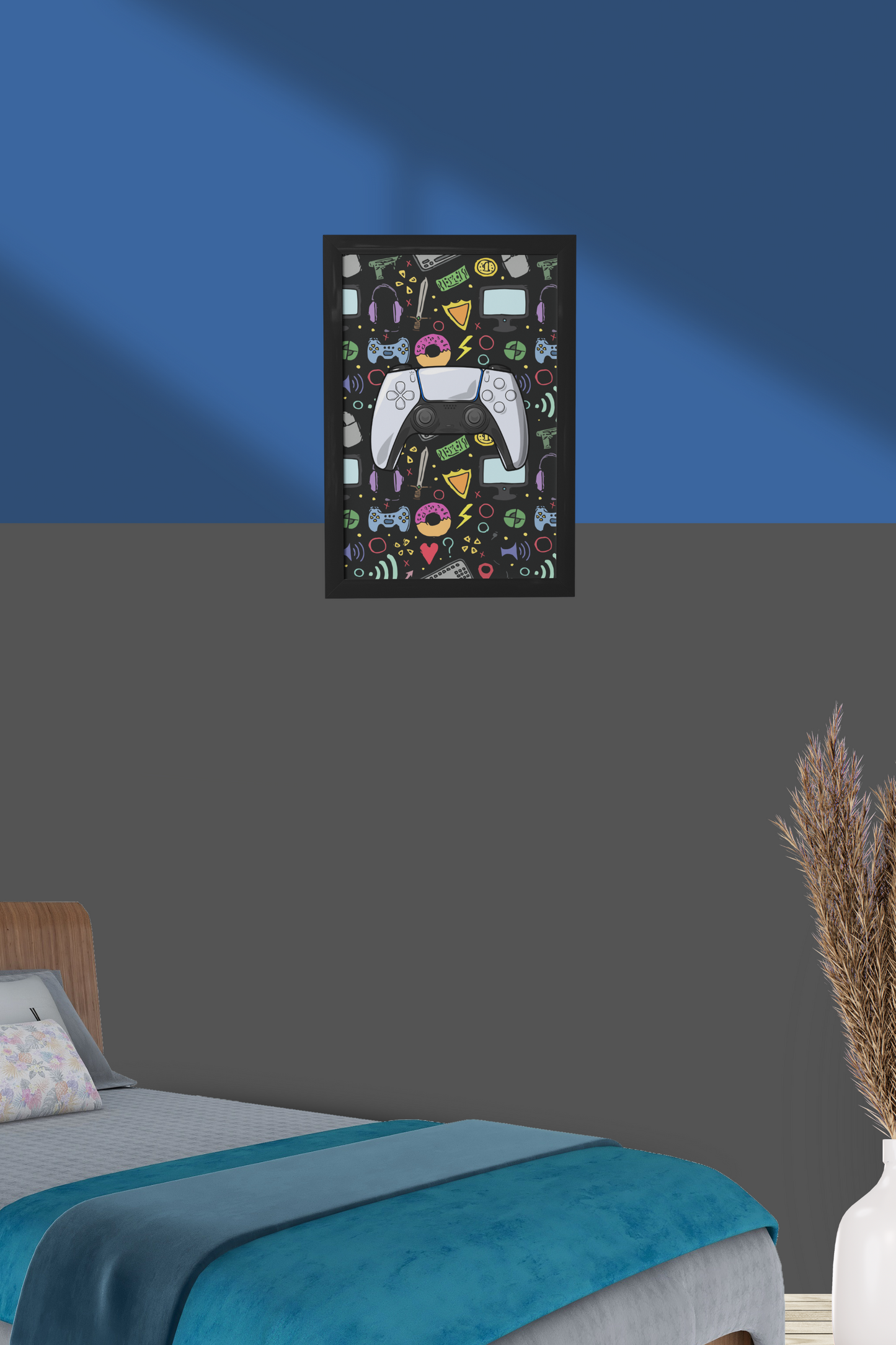 Gaming Hero – Color Clash für dein Setup | Artprint mit Rahmen in Schwarz oder Weiß (2 Größen)