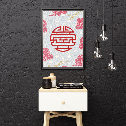 Asia Artprint – Wolkenpoesie & Zeichen des Glücks (Weißer & Schwarzer Rahmen) | Artivio