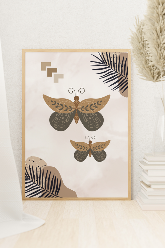 Boho Beauty – Schmetterlingszauber für deine Wand | Artprint mit Rahmen in Schwarz, Weiß oder Naturholz (2 Größen)