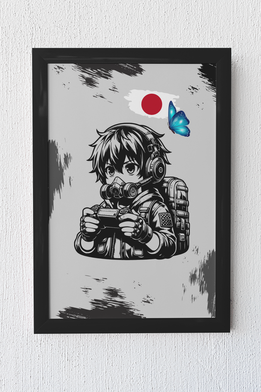 Gaming Hero – Anime Gamer für dein Setup | Artprint mit Rahmen in Schwarz oder Weiß (2 Größen)