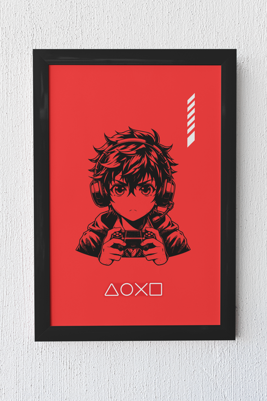 Gaming Hero – Anime Power für dein Setup | Artprint mit Rahmen - Schwarz oder Weiß (2 Größen)